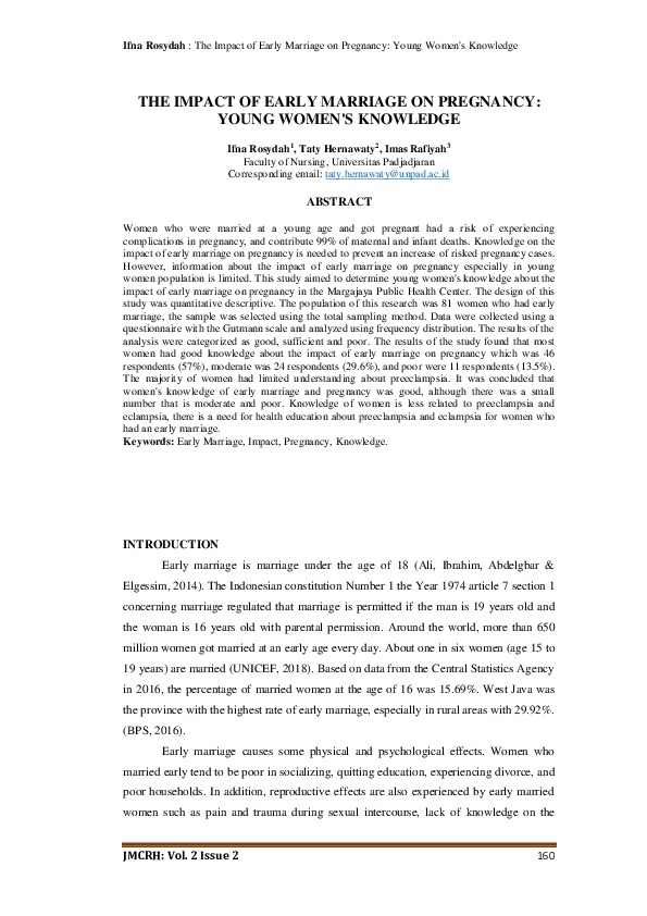 (PDF) The Impact of Early Marriage on Pregnancy: Young Women's Knowledge