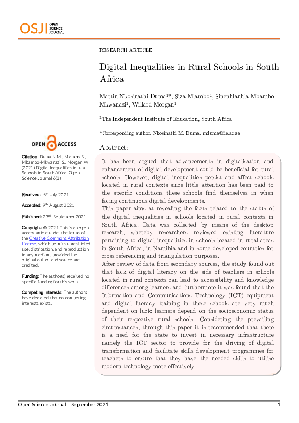 (PDF) Digital inequalities in rural schools in South Africa