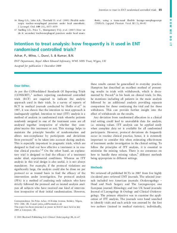 (PDF) Intention to treat analysis: how frequently is it used in ENT ...