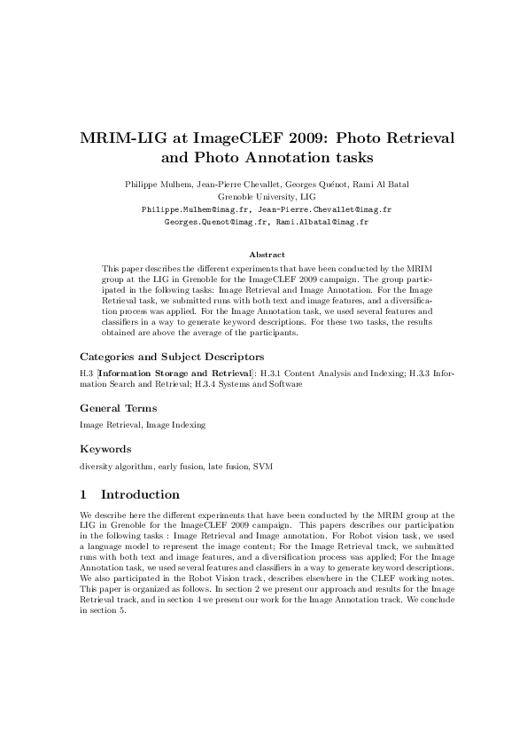 (PDF) MRIM-LIG at ImageCLEF 2009: Photo Retrieval and Photo Annotation ...