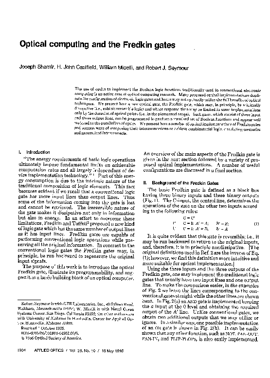 (PDF) Optical computing and the Fredkin gates