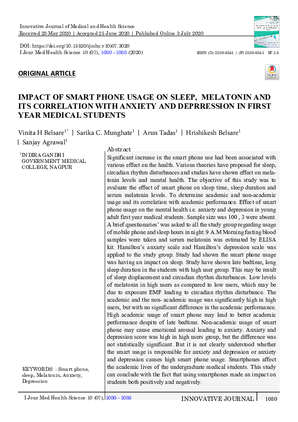 (PDF) Impact of Smart Phone Usage on Sleep, Melatonin and Its ...
