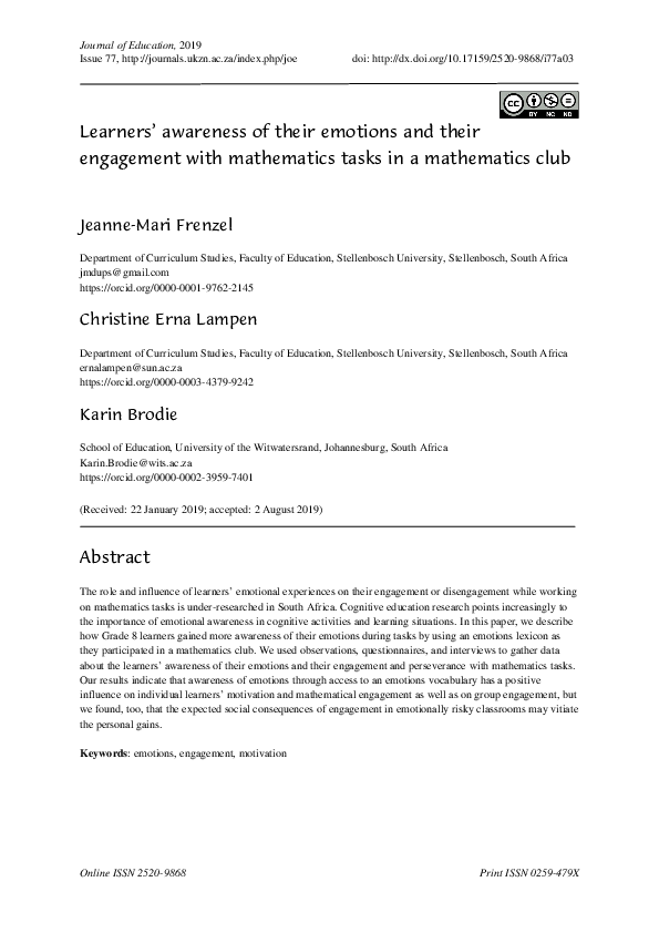 (PDF) Learners' awareness of their emotions and their engagement with ...