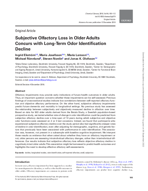 (PDF) Subjective Olfactory Loss in Older Adults Concurs with Long-Term ...