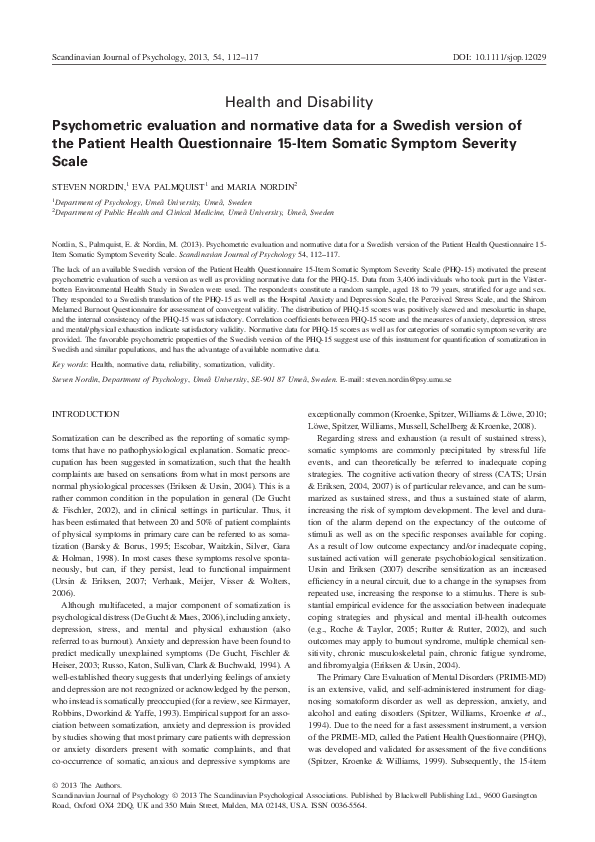 (PDF) Psychometric evaluation and normative data for a Swedish version ...