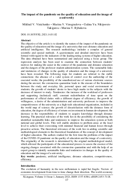 (PDF) The impact of the pandemic on the quality of education and the ...