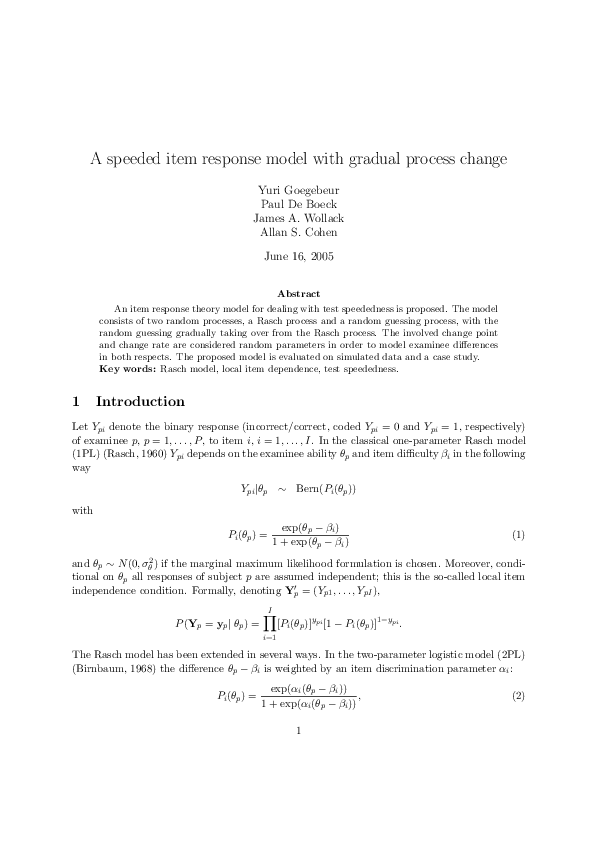 (PDF) A Speeded Item Response Model with Gradual Process Change
