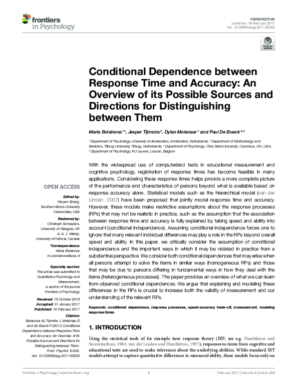 (PDF) Conditional Dependence between Response Time and Accuracy: An ...