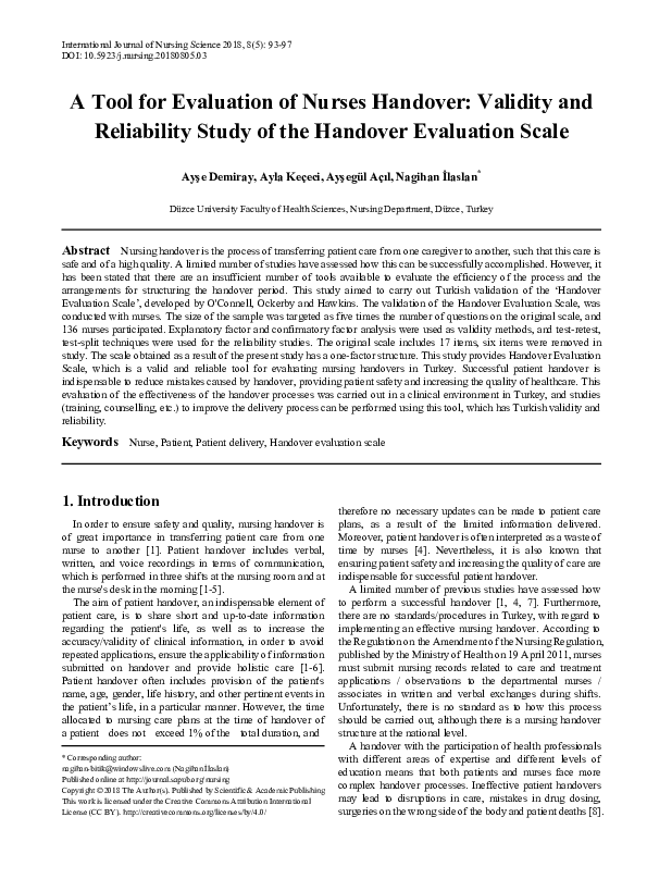 (PDF) Construct validity and reliability of the Handover Evaluation Scale