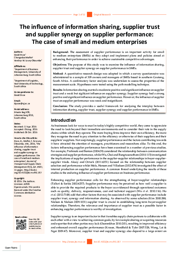 (PDF) The influence of information sharing, supplier trust and supplier ...