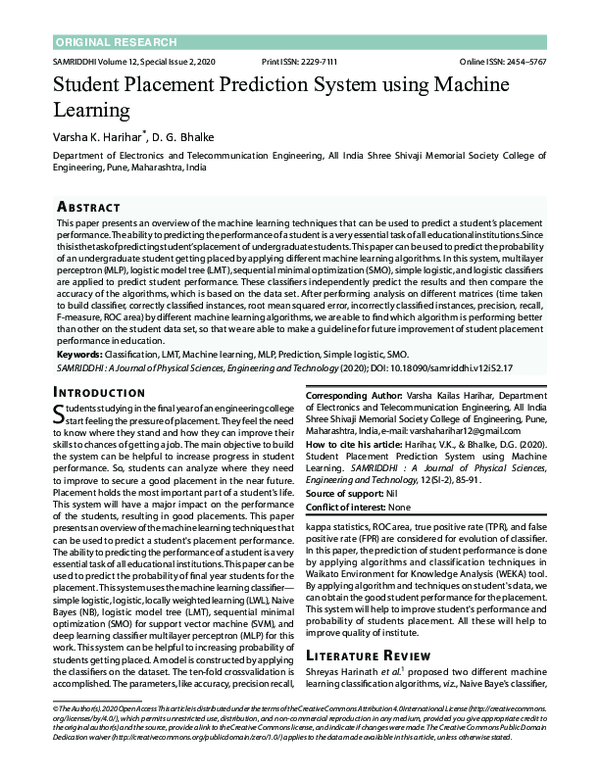 (PDF) Student Placement Prediction System using Machine Learning