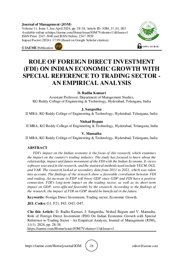 (PDF) ROLE OF FOREIGN DIRECT INVESTMENT (FDI) ON INDIAN ECONOMIC GROWTH ...
