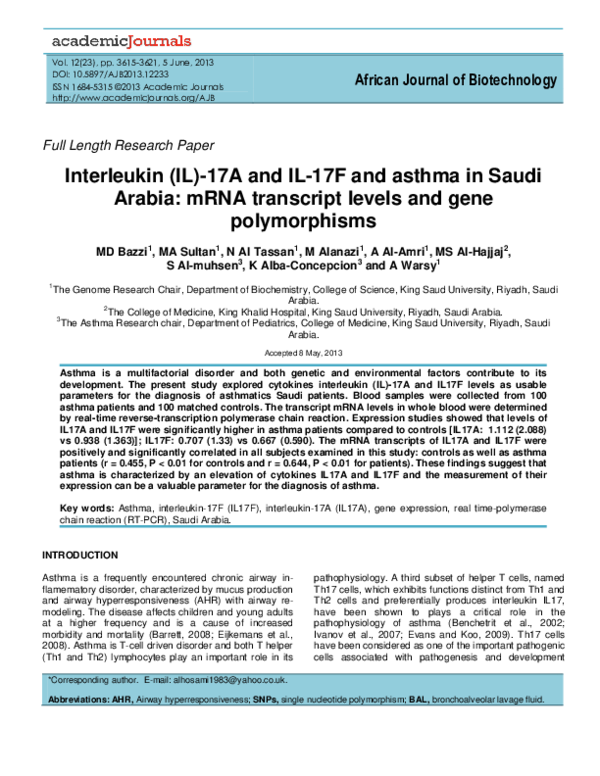 (PDF) Interleukin (IL)-17A and IL-17F and asthma in Saudi Arabia: mRNA ...