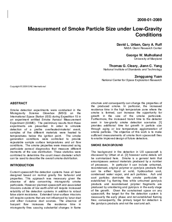 (PDF) Measurement of Smoke Particle Size under LowGravity Conditions