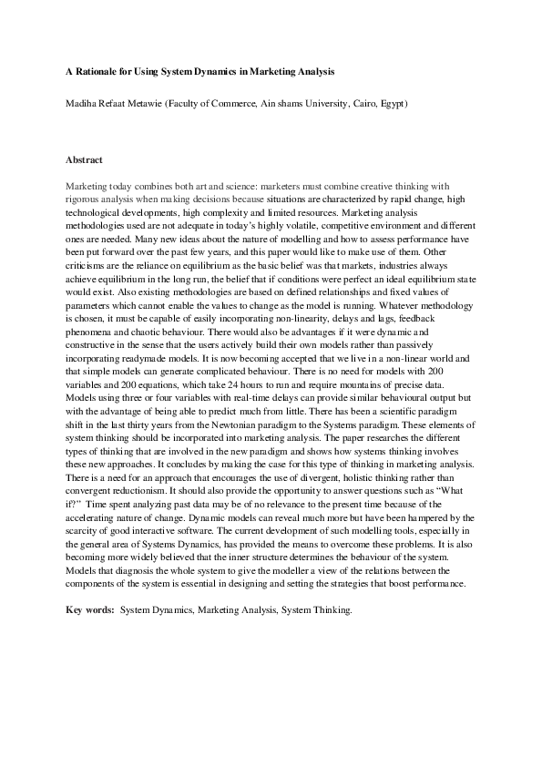 (PDF) A Rationale for Using System Dynamics in Marketing Analysis
