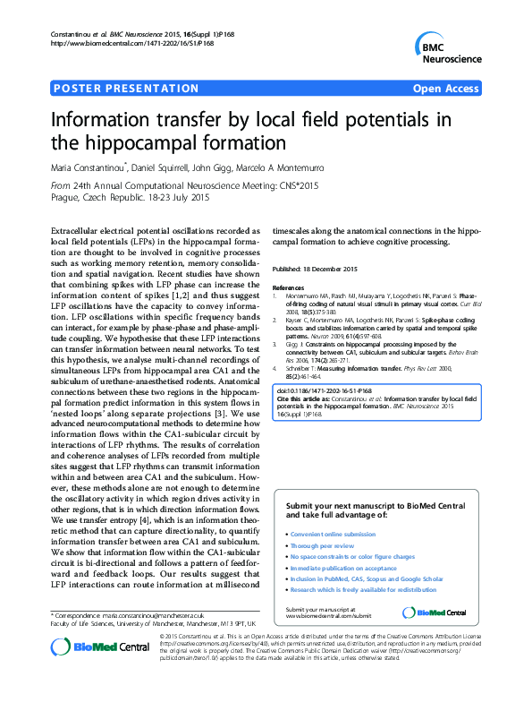(PDF) Information transfer by local field potentials in the hippocampal ...