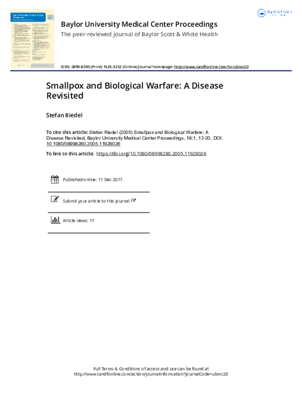 (PDF) Smallpox and Biological Warfare: A Disease Revisited