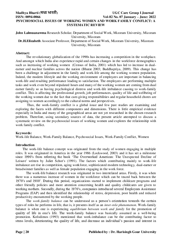 (PDF) PSYCHOSOCIAL ISSUES OF WORKING WOMEN AND WORK FAMILY CONFLICT: A ...
