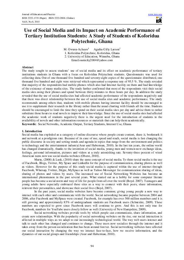 (PDF) Use of Social Media and its Impact on Academic Performance of ...