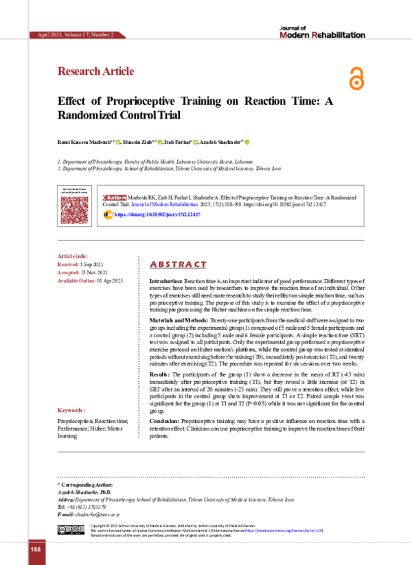 (PDF) Effect of Proprioceptive Training on Reaction Time: A Randomized ...