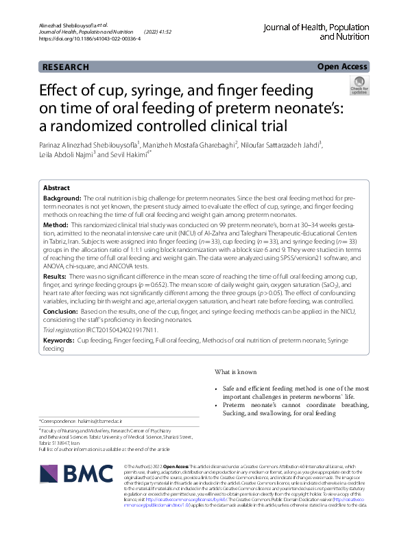 (PDF) Effect of cup, syringe, and finger feeding on time of oral ...