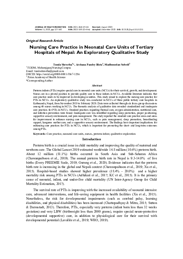 (PDF) Nursing Care Practice in Neonatal Care Units of Tertiary ...