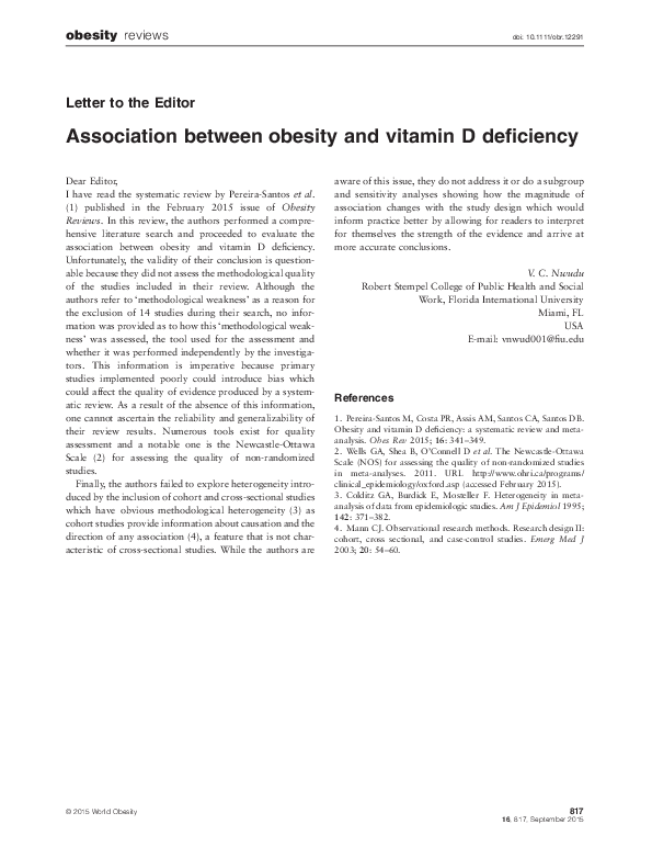 (PDF) Association between obesity and vitamin D deficiency