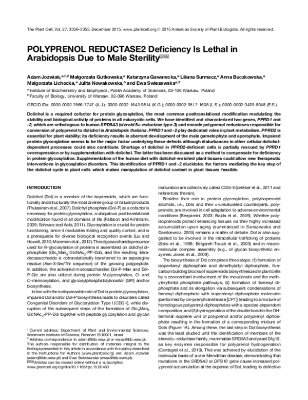 (PDF) POLYPRENOL REDUCTASE2 Deficiency Is Lethal in Arabidopsis Due to ...