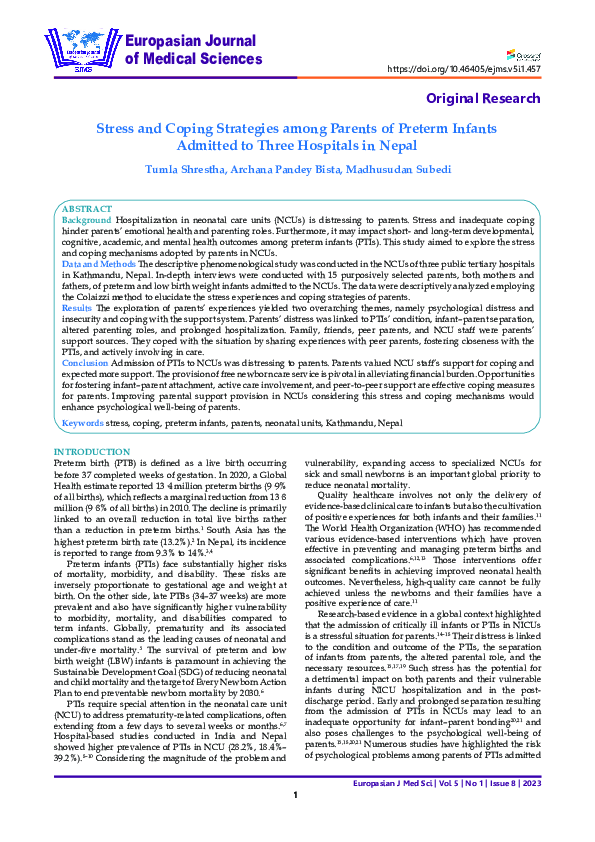 (PDF) Stress and Coping Strategies among Parents of Preterm Infants ...