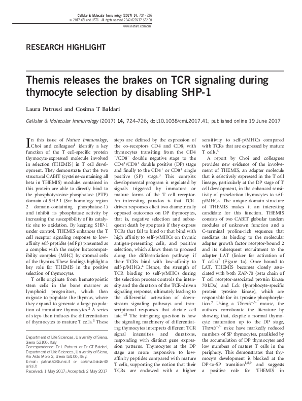 (PDF) Themis releases the brakes on TCR signaling during thymocyte ...