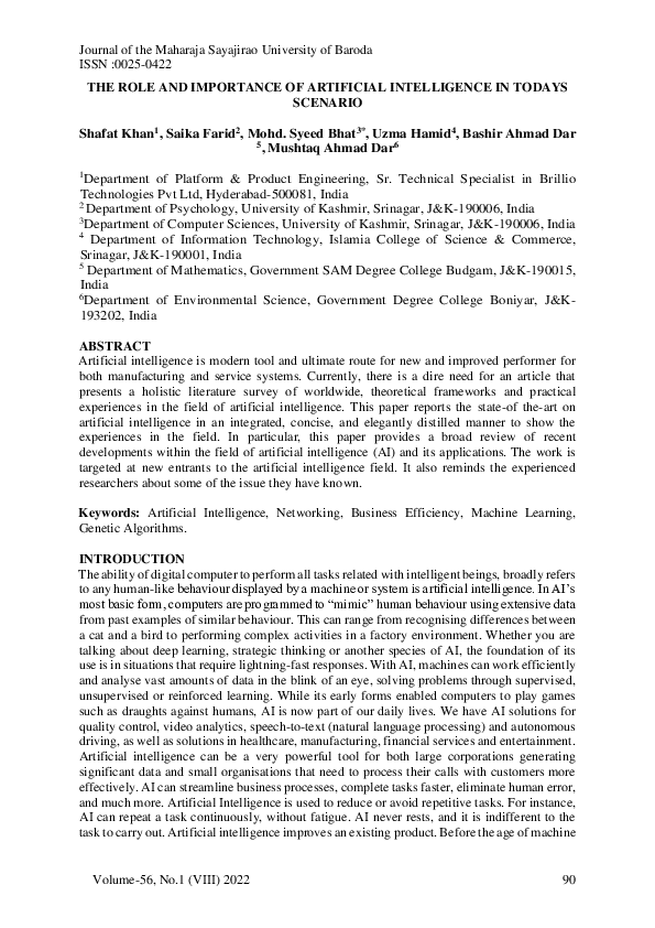 (PDF) THE ROLE AND IMPORTANCE OF ARTIFICIAL INTELLIGENCE IN TODAYS SCENARIO