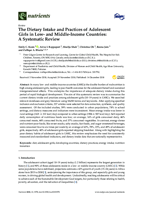 Pdf The Dietary Intake And Practices Of Adolescent Girls In Low And