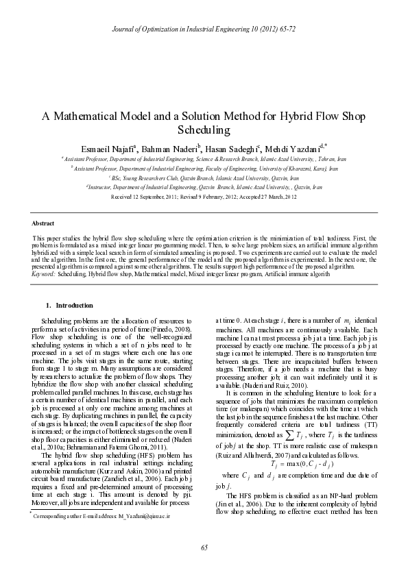 (PDF) A Mathematical Model and a Solution Method for Hybrid Flow Shop ...