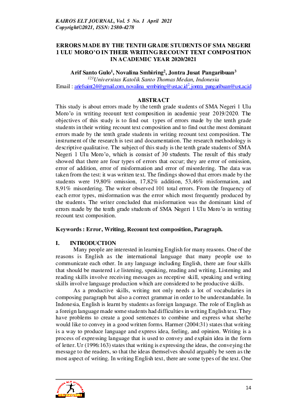 (PDF) Errors Made by the Tenth Grade Students of Sma Negeri 1 Ulu Moroâ ...