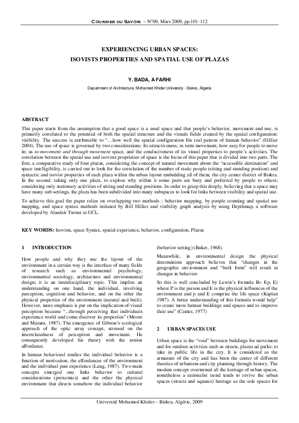 (PDF) Experiencing Urban Spaces: Isovists Properties and Spatial Use of ...