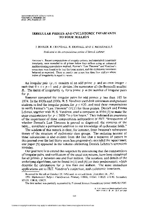 (PDF) Irregular Primes and Cyclotomic Invariants to Four Million