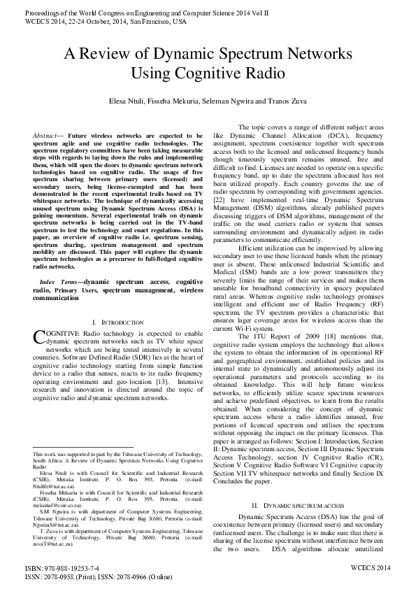 (PDF) A review of dynamic spectrum networks using cognitive radio