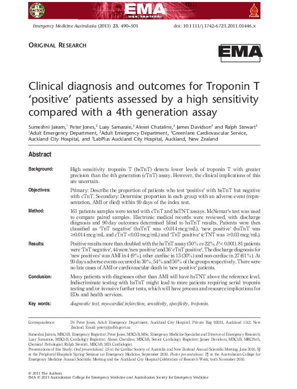 (PDF) Clinical diagnosis and outcomes for Troponin T ‘positive ...
