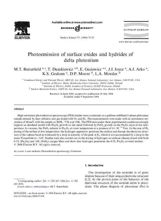 (PDF) Photoemission of surface oxides and hydrides of delta plutonium