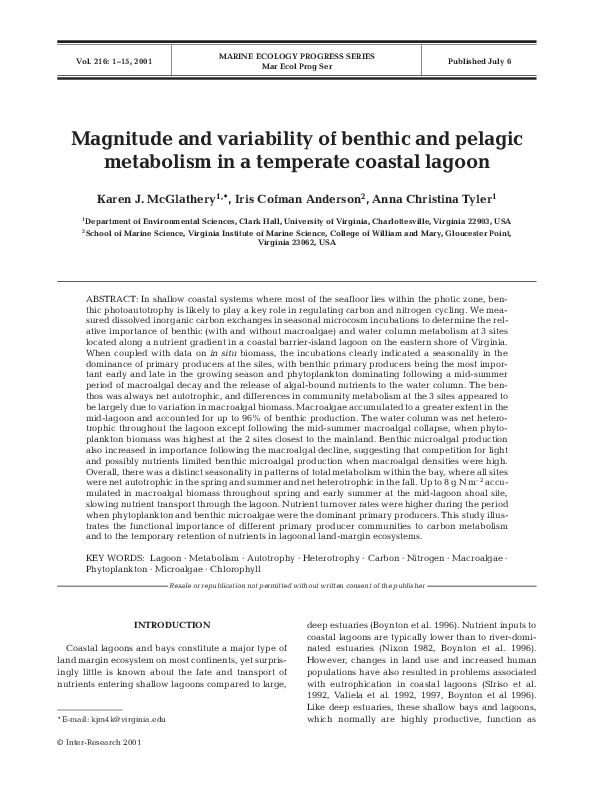 (PDF) Magnitude and variability of benthic and pelagic metabolism in a ...