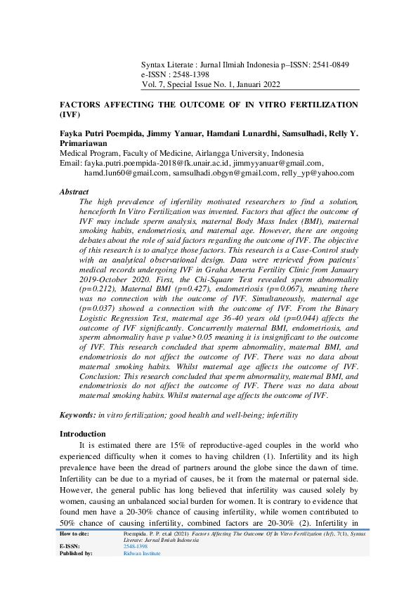 (PDF) Factors Affecting The Outcome of in Vitro Fertilization (IVF)