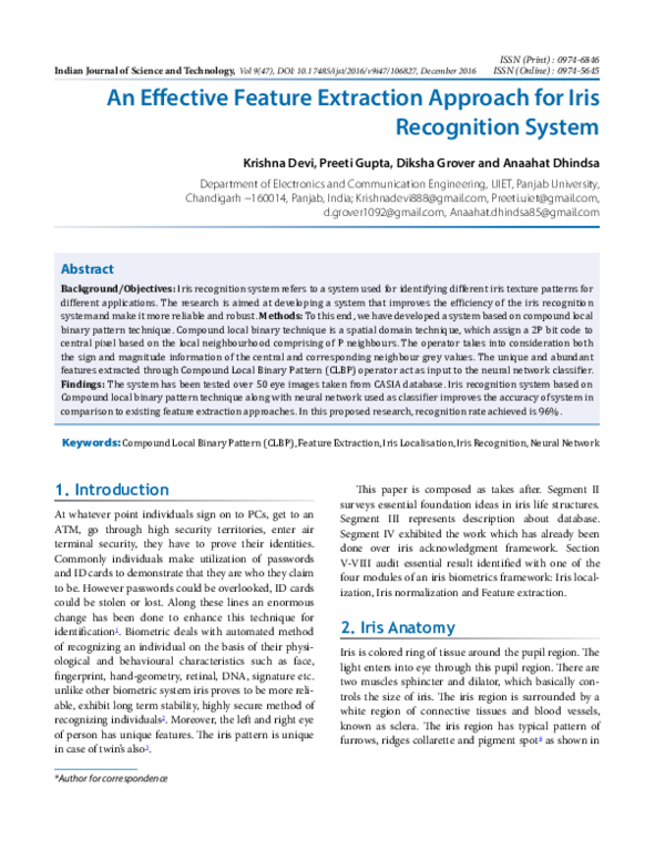 (PDF) An Effective Feature Extraction Approach for Iris Recognition System
