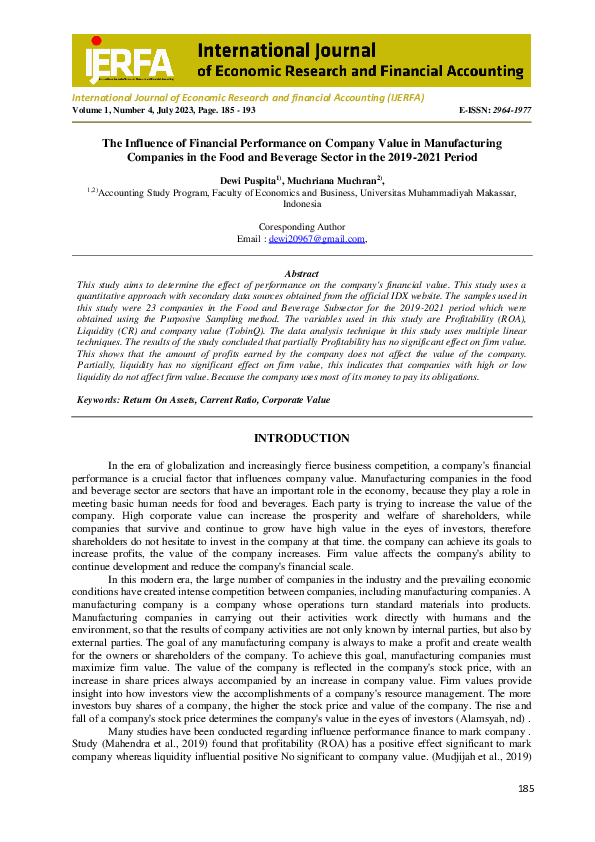 (PDF) The Influence of Financial Performance on Company Value in ...