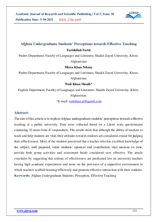 (PDF) Afghan Undergraduate Students’ Perceptions towards Effective Teaching
