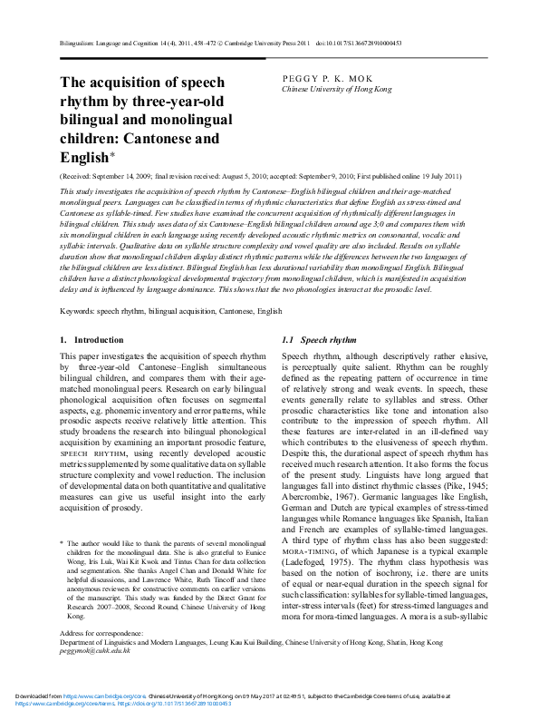 (PDF) The acquisition of speech rhythm by three-year-old bilingual and ...