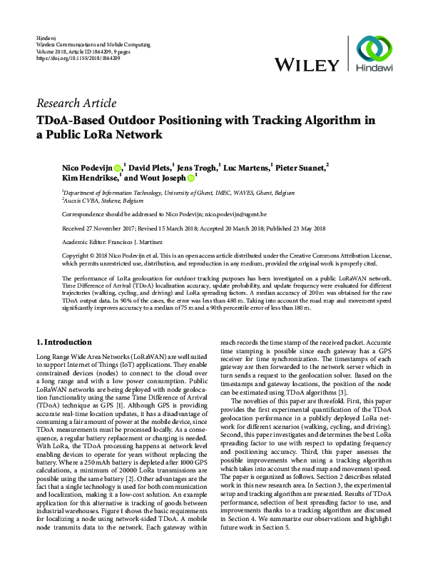 (PDF) TDoA-Based Outdoor Positioning with Tracking Algorithm in a ...