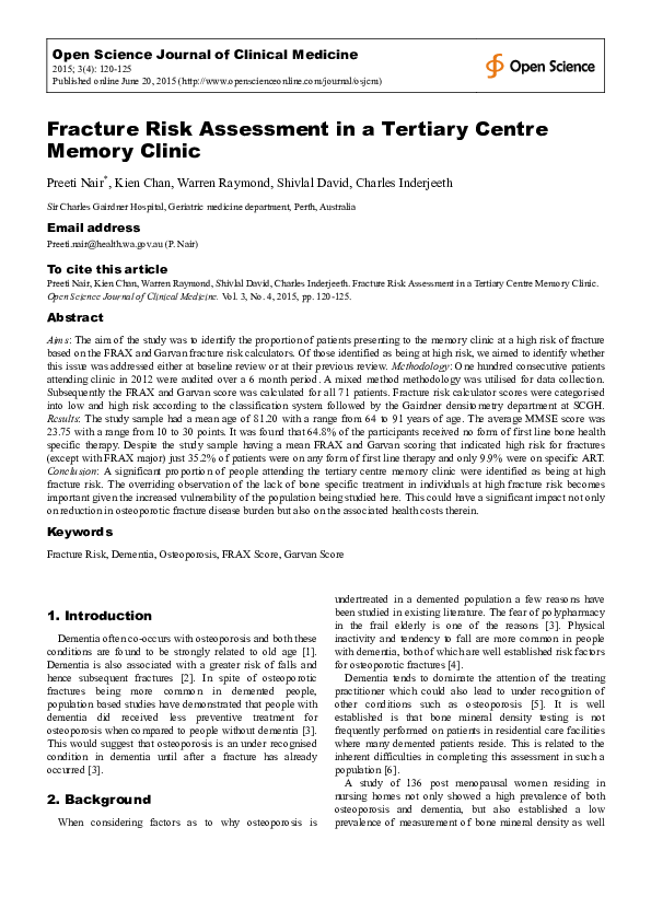 (PDF) Fracture Risk Assessment in a Tertiary Centre Memory Clinic