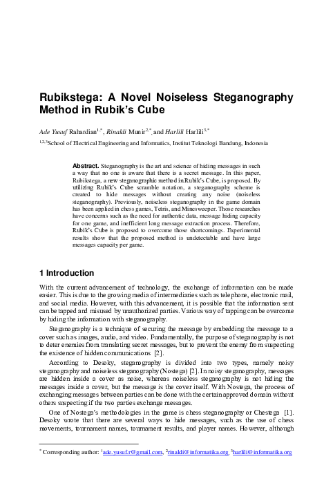 (PDF) Rubikstega: A Novel Noiseless Steganography Method in Rubik's Cube