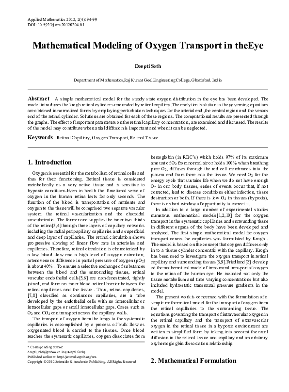 (PDF) Mathematical Modeling of Oxygen Transport in theEye