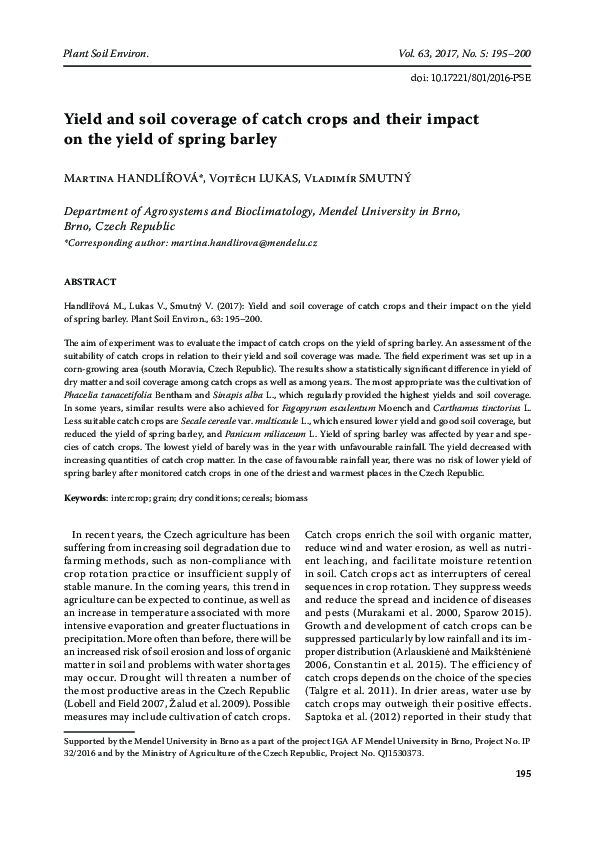 (PDF) Yield and soil coverage of catch crops and their impact on the ...